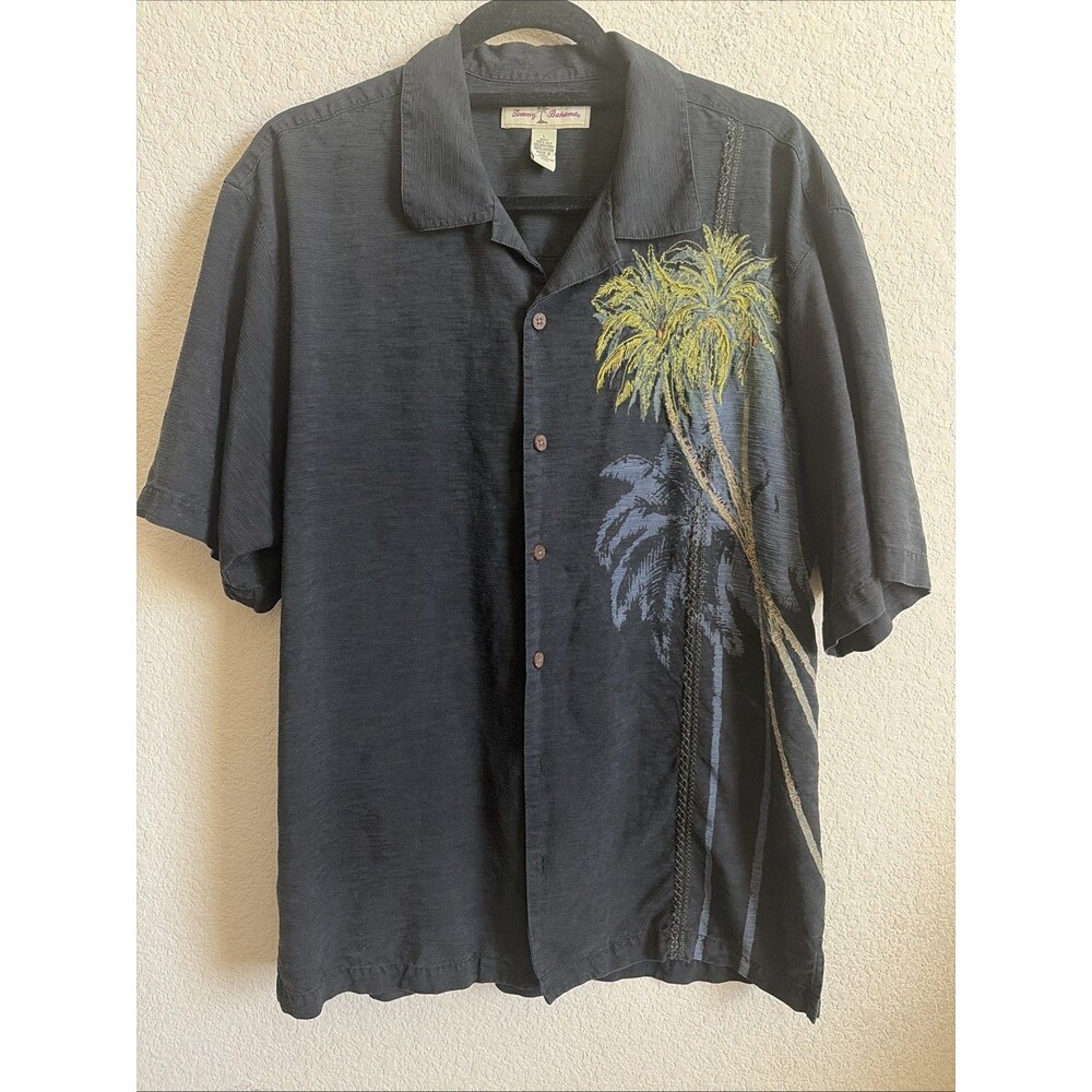 Tommy Bahama Silk Tropical Shirt Embroidered Palm Tree Hawaiian L Men Black